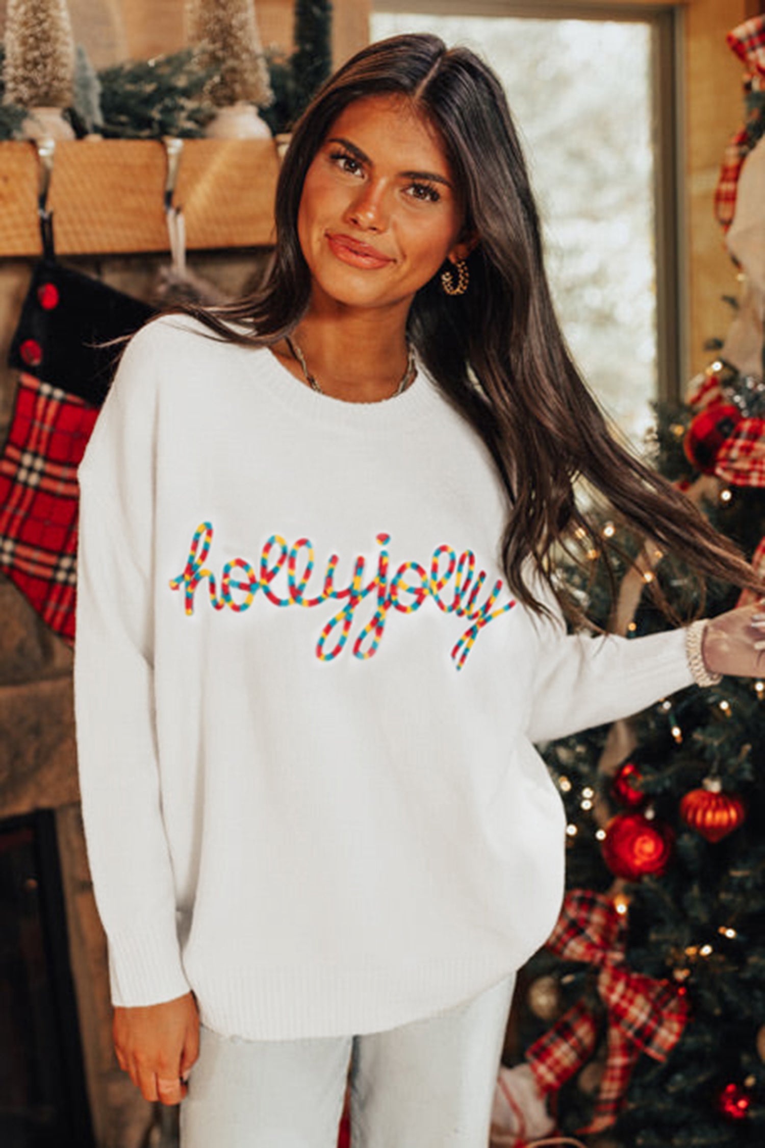 Beige Colorful Holly Jolly Christmas Knit Loose Sweater-TOPS / DRESSES-[Adult]-[Female]-2022 Online Blue Zone Planet