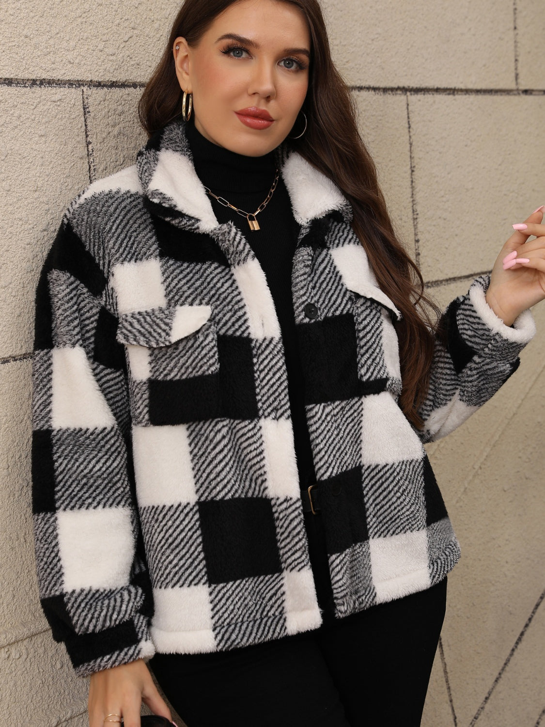 Plus Size Pocketed Plaid Collared Neck Jacket-TOPS / DRESSES-[Adult]-[Female]-2022 Online Blue Zone Planet