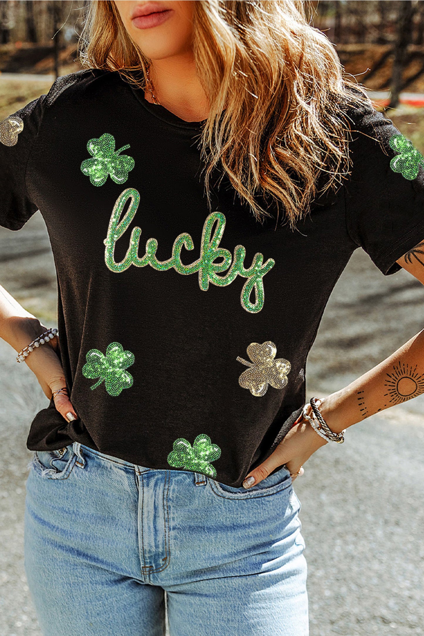 Black Lucky Sequin Shamrock Irish Festive Graphic Tee-Graphic Tees-[Adult]-[Female]-2022 Online Blue Zone Planet