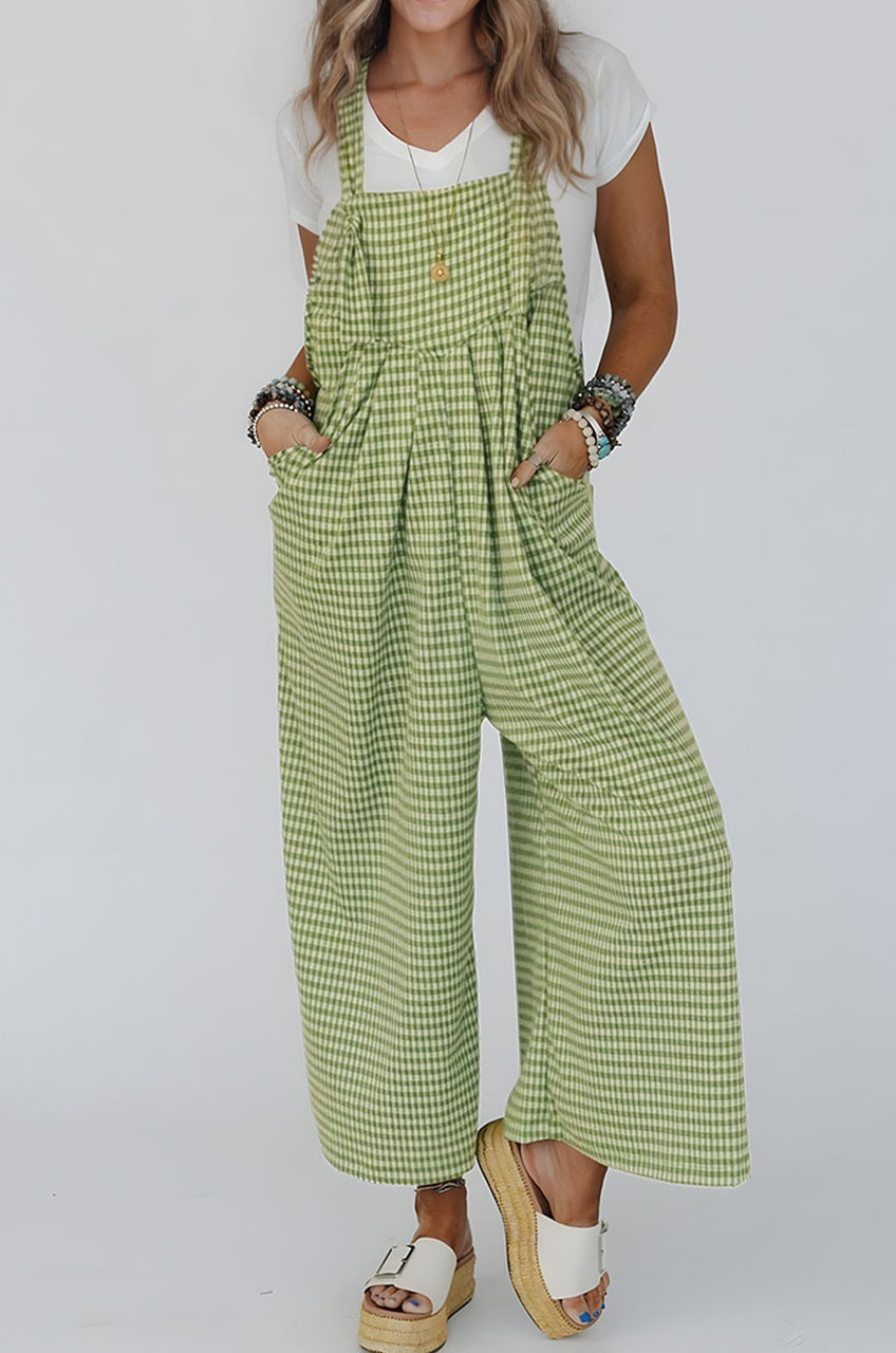 Green Gingham Wide Leg Loose Overall with Pockets-Bottoms/Jumpsuits & Rompers-[Adult]-[Female]-2022 Online Blue Zone Planet