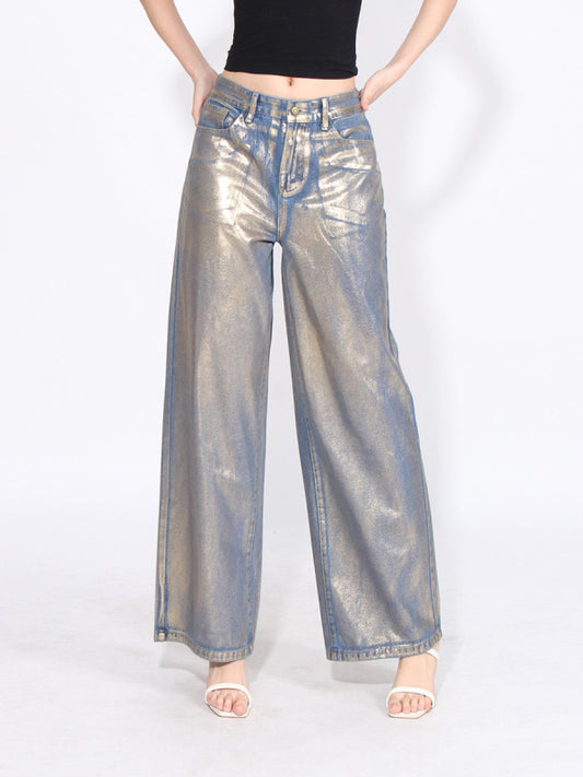 shiny layered loose denim trousers BLUE ZONE PLANET