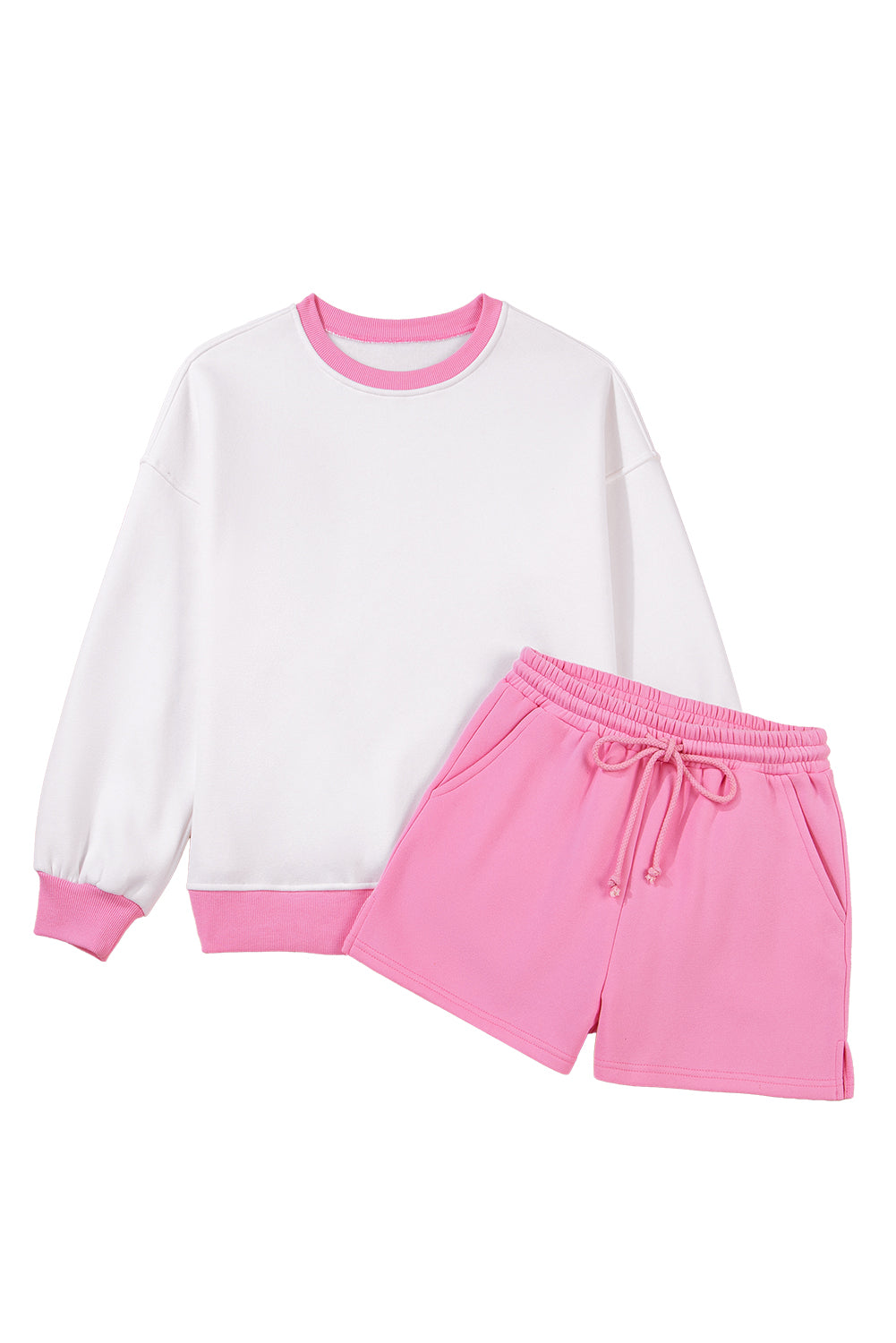 Strawberry Pink Color Block Pullover and Lace-up Elastic Waist Shorts Set-Two Piece Sets/Short Sets-[Adult]-[Female]-2022 Online Blue Zone Planet