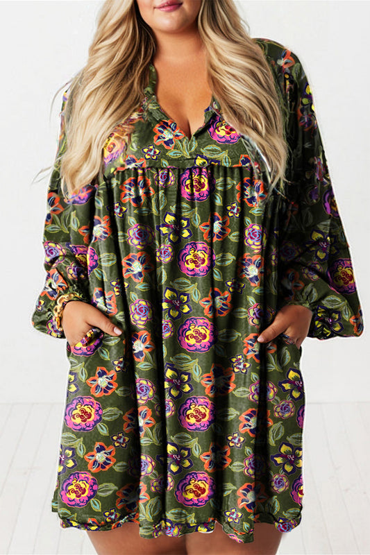 Green Plus Size Floral Print Collared V Neck Loose Mini Dress