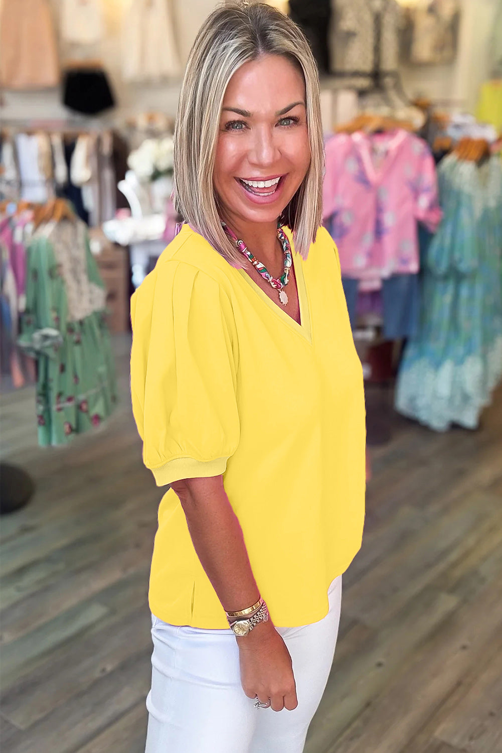 Yellow Solid Color V Neck Short Puff Sleeve Blouse-Tops/Blouses & Shirts-[Adult]-[Female]-2022 Online Blue Zone Planet