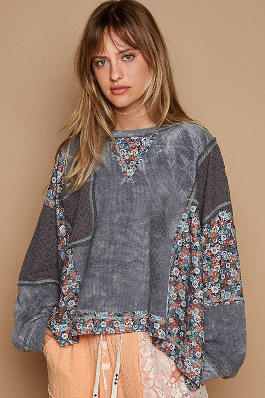 POL Floral Patchwork Round Neck Knit Top-TOPS / DRESSES-[Adult]-[Female]-Gray-S-2022 Online Blue Zone Planet