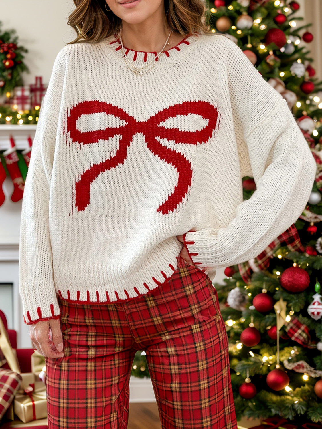 Zone Planet | Christmas Bow Round Neck Long Sleeve Sweater