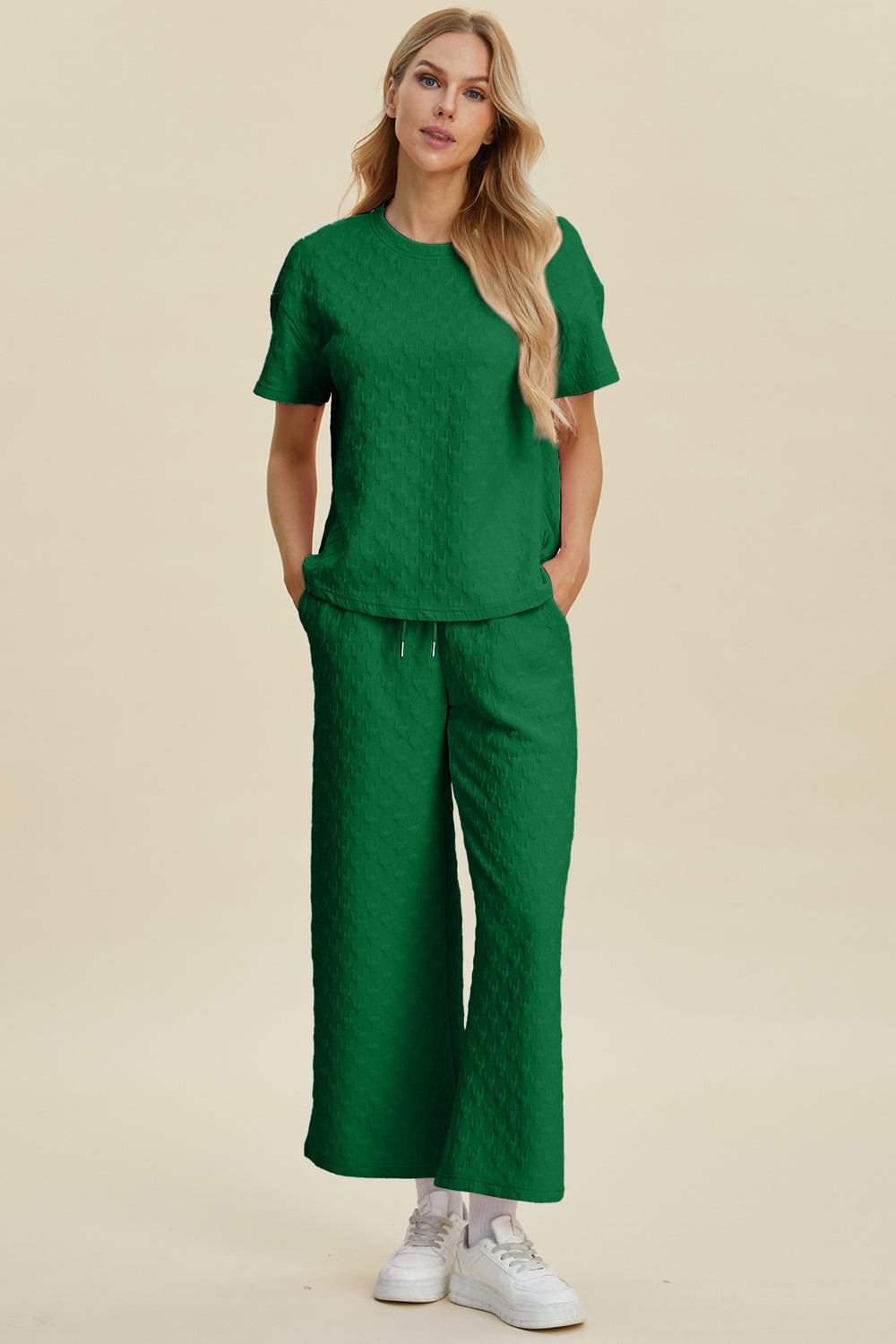 Blue Zone Planet | Double Take Full Size Texture Round Neck Short Sleeve Top and Pants Set-TOPS / DRESSES-[Adult]-[Female]-Dark Green-S-2022 Online Blue Zone Planet