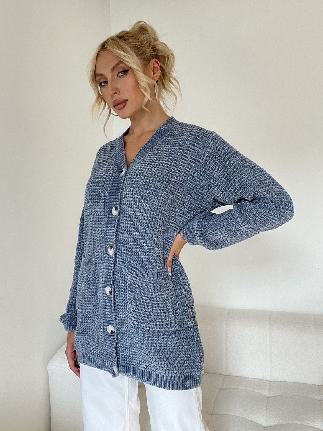 Pocketed V-Neck Button Up Cardigan-TOPS / DRESSES-[Adult]-[Female]-2022 Online Blue Zone Planet