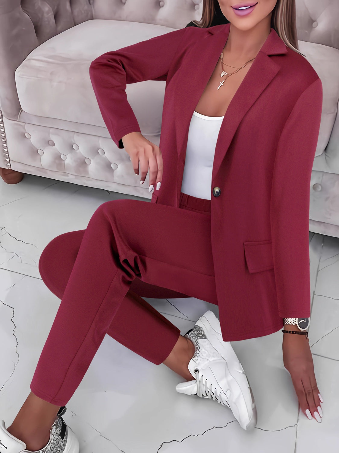 Blue Zone Planet | Lapel Collar Long Sleeve Top and Pants Set-TOPS / DRESSES-[Adult]-[Female]-Burgundy-S-2022 Online Blue Zone Planet