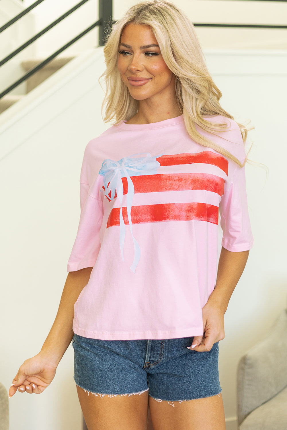 Light Pink Flag Bow Graphic Crewneck Tee-Tops/Tops & Tees-[Adult]-[Female]-2022 Online Blue Zone Planet