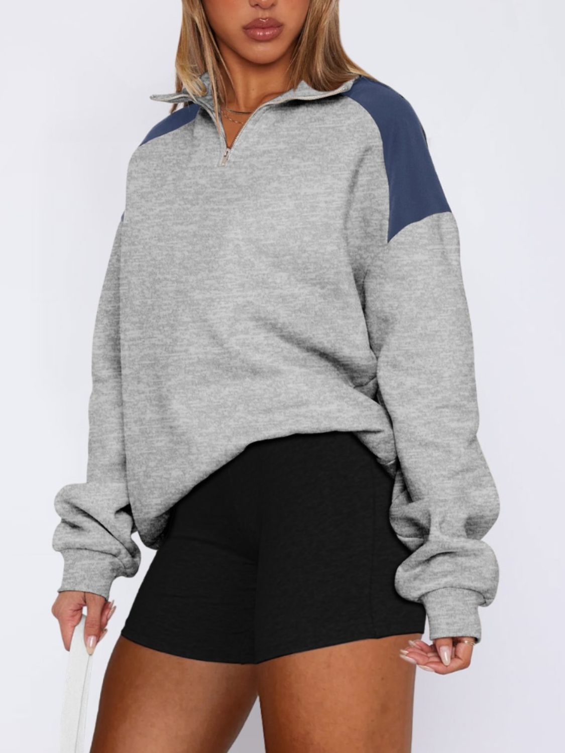 Contrast Quarter Zip Long Sleeve Sweatshirt-TOPS / DRESSES-[Adult]-[Female]-2022 Online Blue Zone Planet