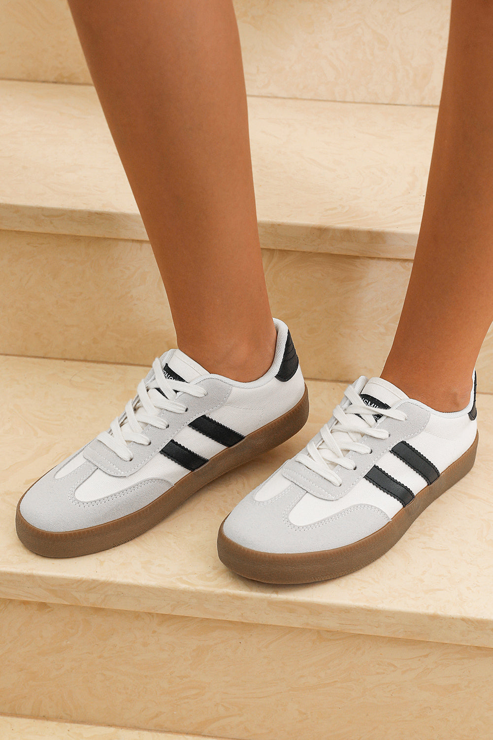 White Striped Lace-up Flat Sneakers-Shoes & Bags/Womens Shoes-[Adult]-[Female]-2022 Online Blue Zone Planet