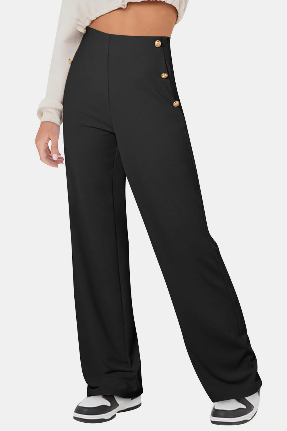 Decorative Button High Rise Pants-BOTTOMS SIZES SMALL MEDIUM LARGE-[Adult]-[Female]-Black-S-2022 Online Blue Zone Planet