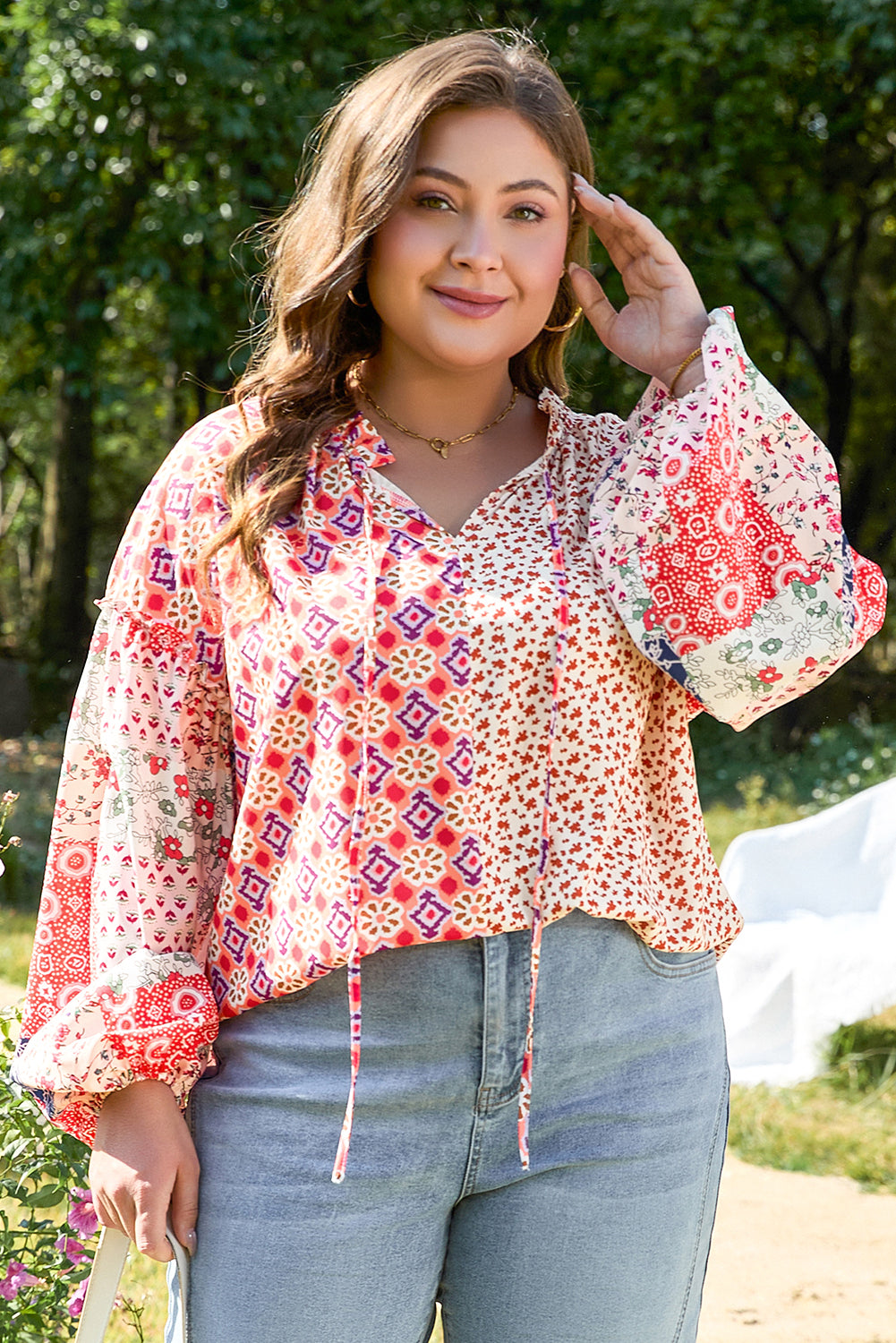 Blue Zone Planet | Orange Floral Geometric Patchwork Lace-up Crewneck Plus Size Blouse-Plus Size/Plus Size Tops/Plus Size Blouses & Shirts-[Adult]-[Female]-2022 Online Blue Zone Planet