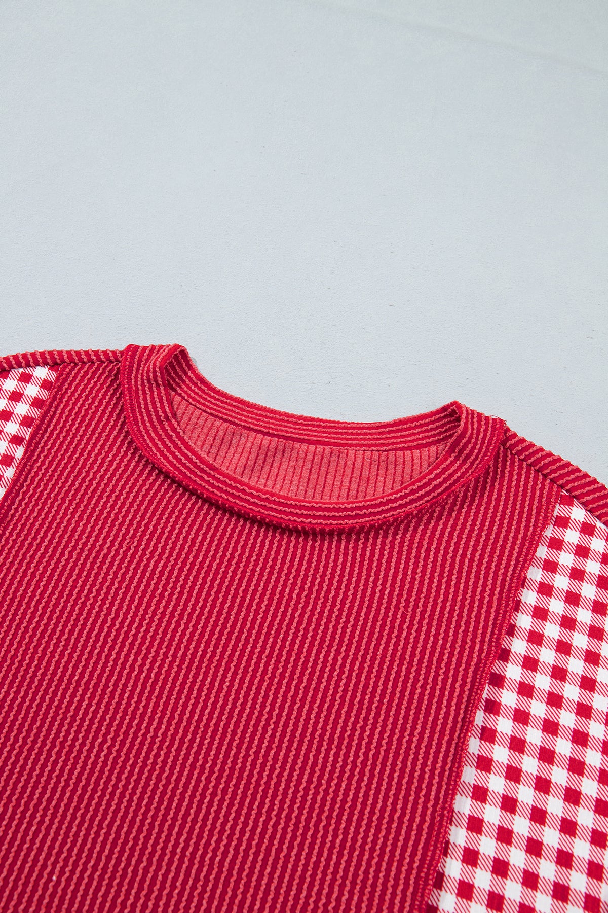 Fiery Red Patchwork Plaid Colorblock Twist Rib Round Neck Long Sleeve Top-Tops/Long Sleeve Tops-[Adult]-[Female]-2022 Online Blue Zone Planet