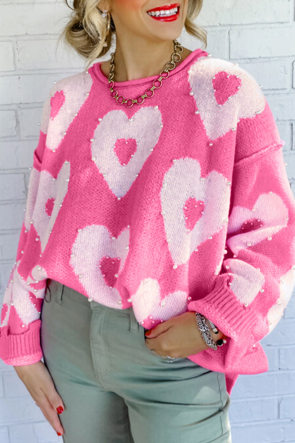 Bonbon Pearl Beaded Heart Drop Shoulder Sweater-Sweaters-[Adult]-[Female]-2022 Online Blue Zone Planet