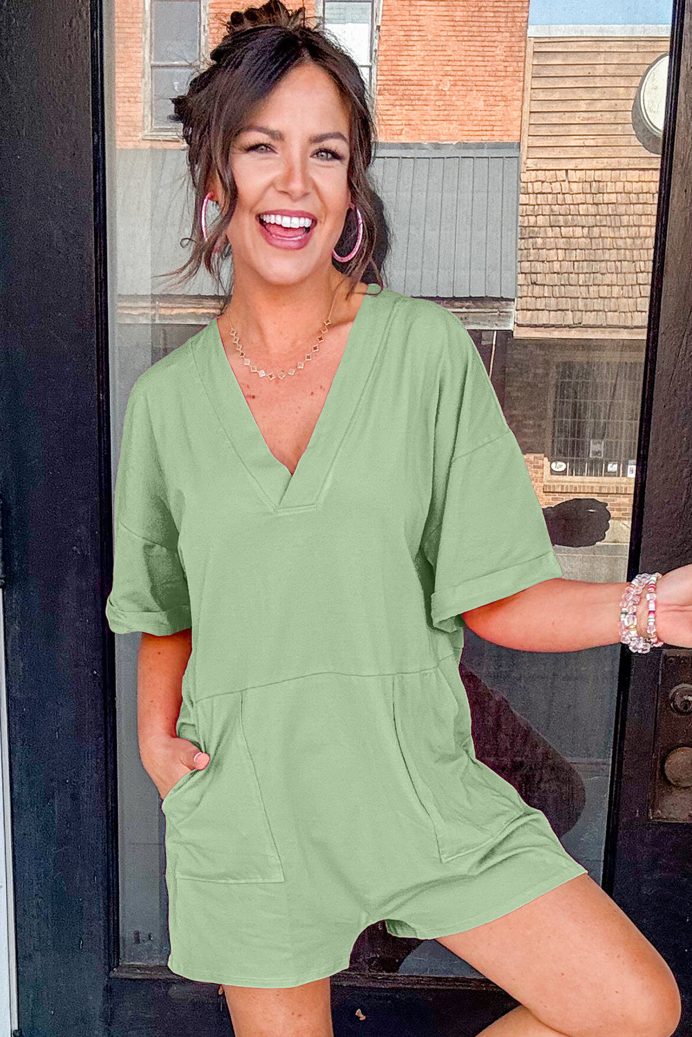 Grass Green Loose Half Sleeve V Neck Knit Romper-Bottoms/Jumpsuits & Rompers-[Adult]-[Female]-2022 Online Blue Zone Planet