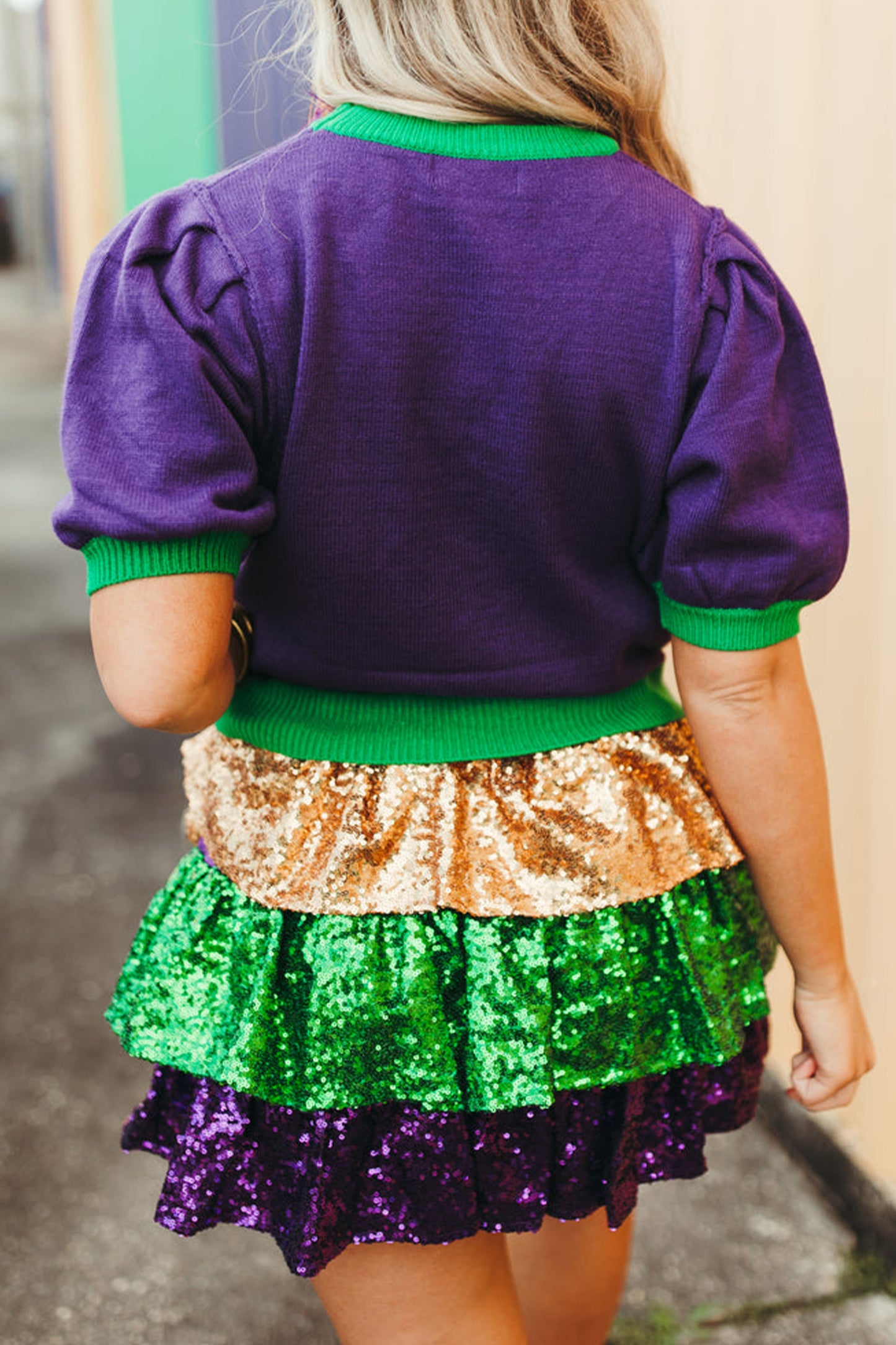 Tillandsia Purple Mardi Gras Tinsel Graphic Short Sleeve Sweater-TOPS / DRESSES-[Adult]-[Female]-2022 Online Blue Zone Planet