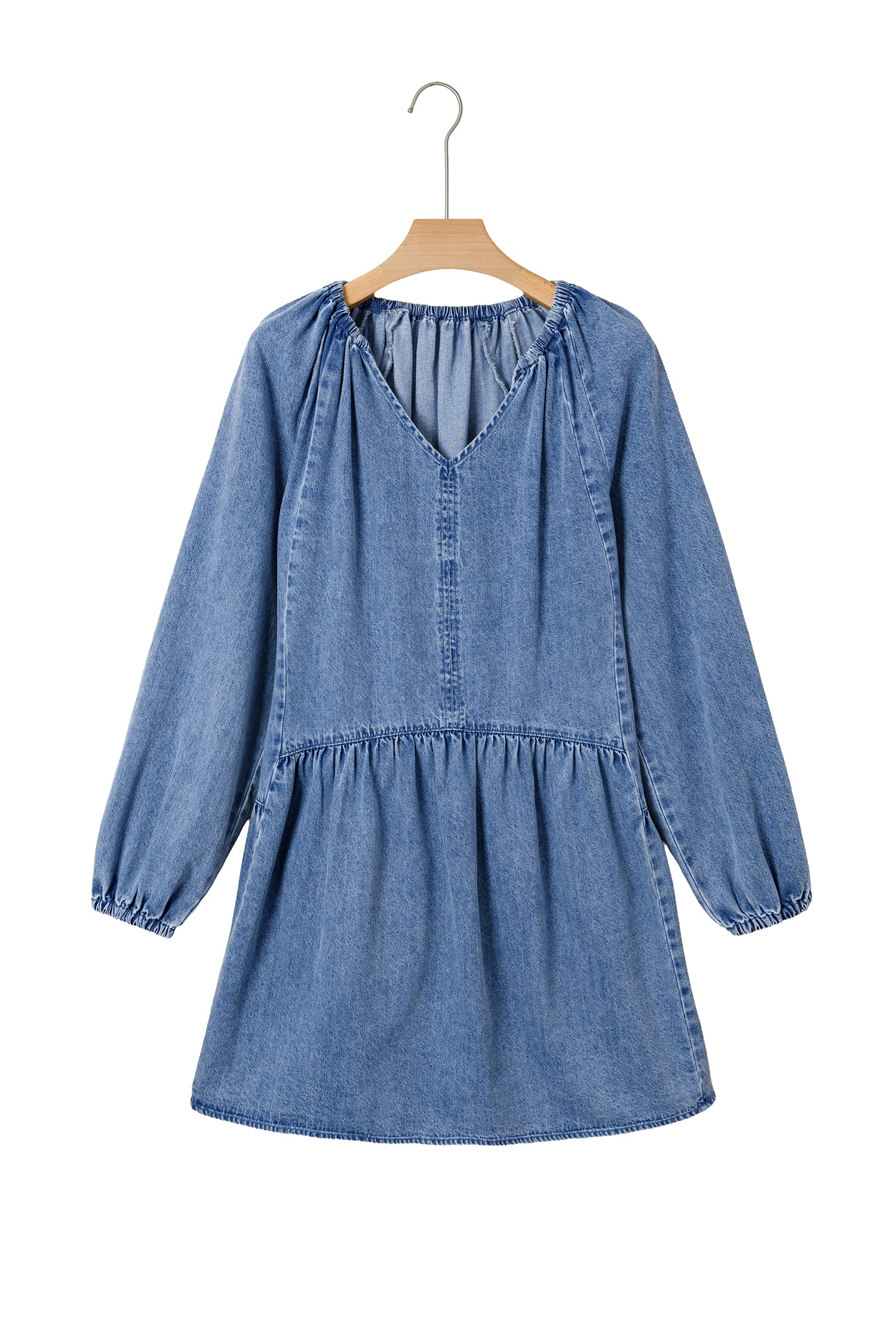 Myosotis Puff Sleeve V Neck Ruffled Loose Denim Mini Dress-TOPS / DRESSES-[Adult]-[Female]-2022 Online Blue Zone Planet