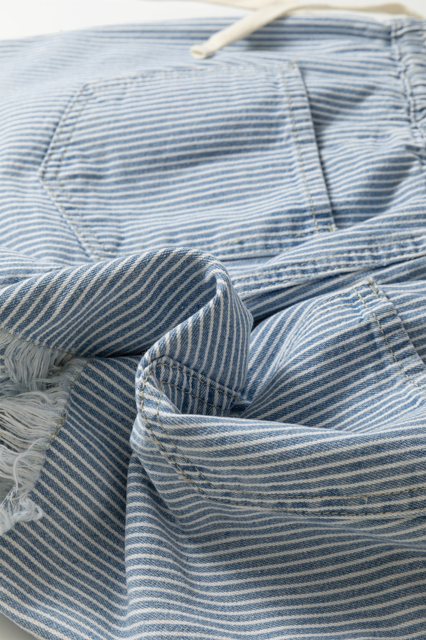 Sky Blue Stripe Raw Edge Drawstring Elastic Waist Casual Denim Shorts-Bottoms/Denim Shorts-[Adult]-[Female]-2022 Online Blue Zone Planet