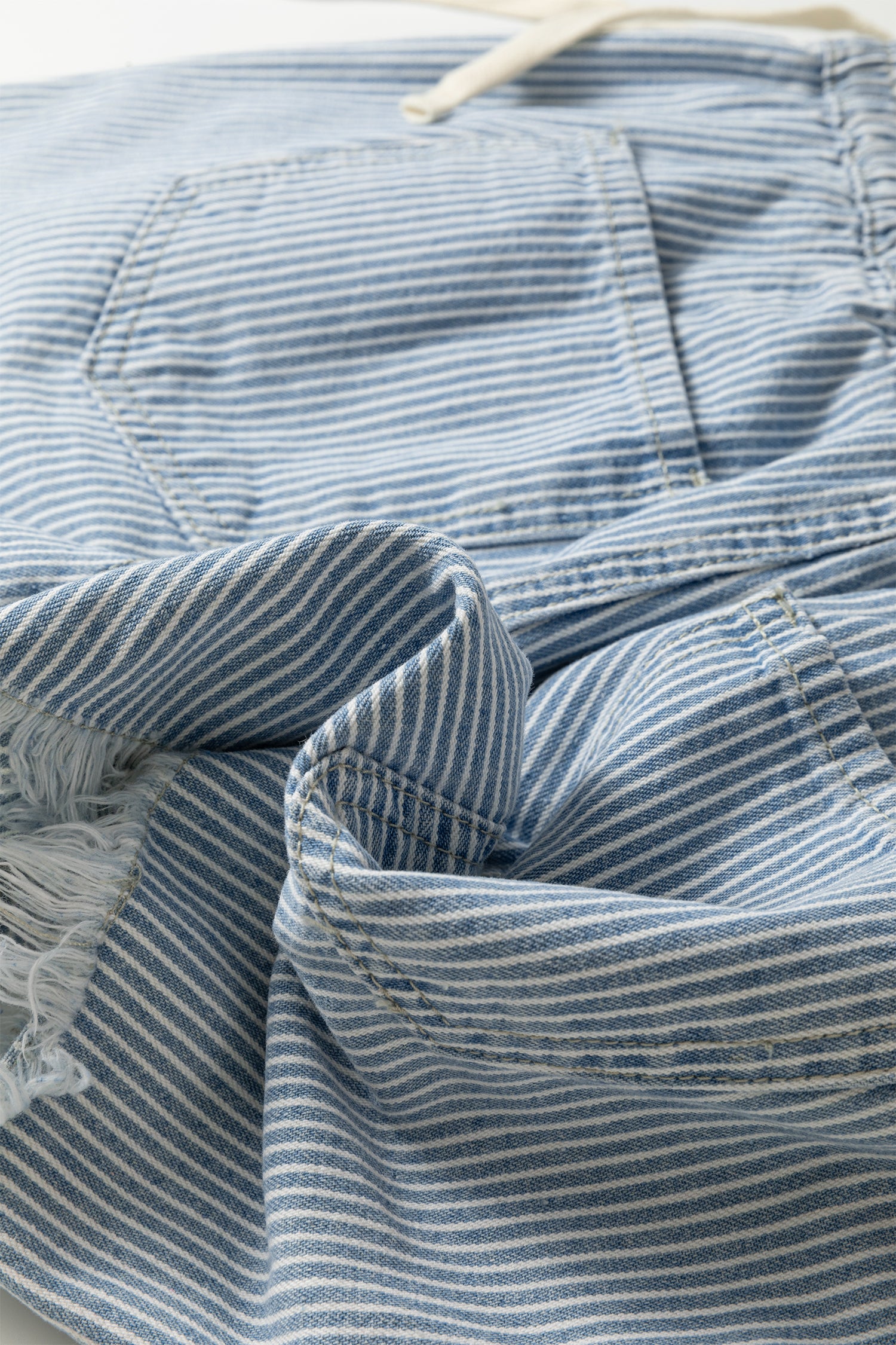 Sky Blue Stripe Raw Edge Drawstring Elastic Waist Casual Denim Shorts-Bottoms/Denim Shorts-[Adult]-[Female]-2022 Online Blue Zone Planet