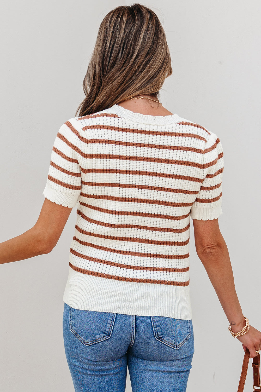Khaki Stripe Scalloped Round Neck Short Sleeve Sweater-Sweaters & Cardigans/Short Sleeve Sweaters-[Adult]-[Female]-2022 Online Blue Zone Planet