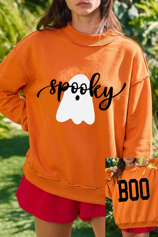 Carrot Spooky Ghost/ BOO Reversible Print Mock Neck Casual Pullover Sweatshirt-Graphic/Graphic Sweatshirts-[Adult]-[Female]-Carrot-S-2022 Online Blue Zone Planet