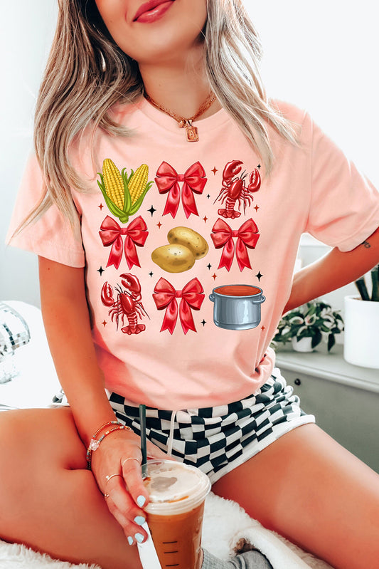 Pink Summer Food Bow Crawfish Printed T Shirt-Graphic/Graphic Tees-[Adult]-[Female]-Pink-S-2022 Online Blue Zone Planet