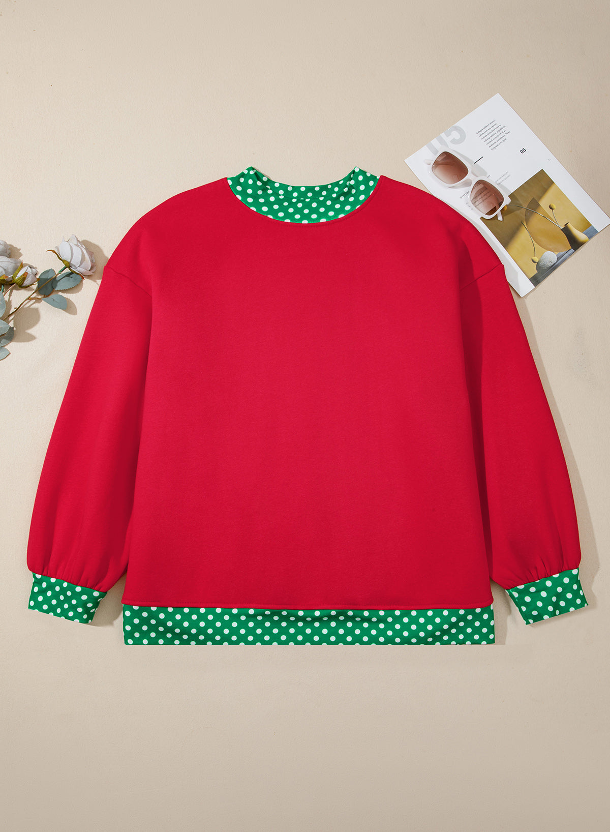 Orange Polka Dot Patchwork Round Neck Plus Size Sweatshirt-Plus Size/Plus Size Sweatshirts & Hoodies-[Adult]-[Female]-2022 Online Blue Zone Planet