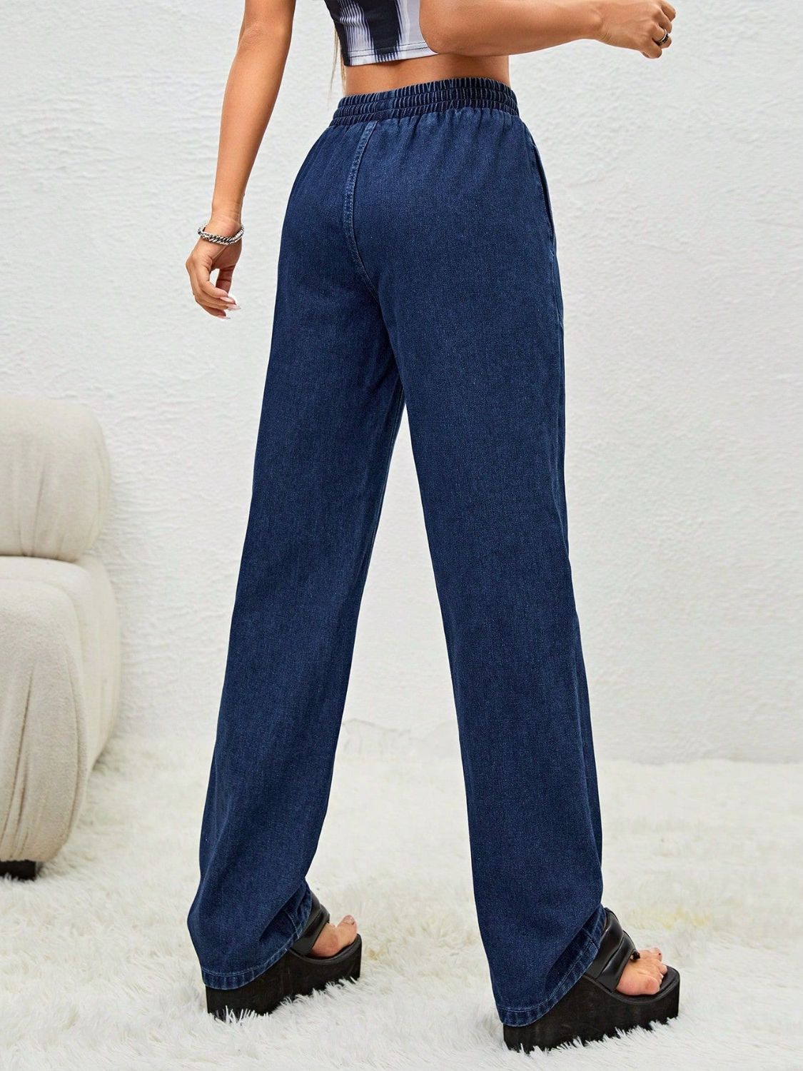 Drawstring Elastic Waist Jeans with Pockets-[Adult]-[Female]-2022 Online Blue Zone Planet