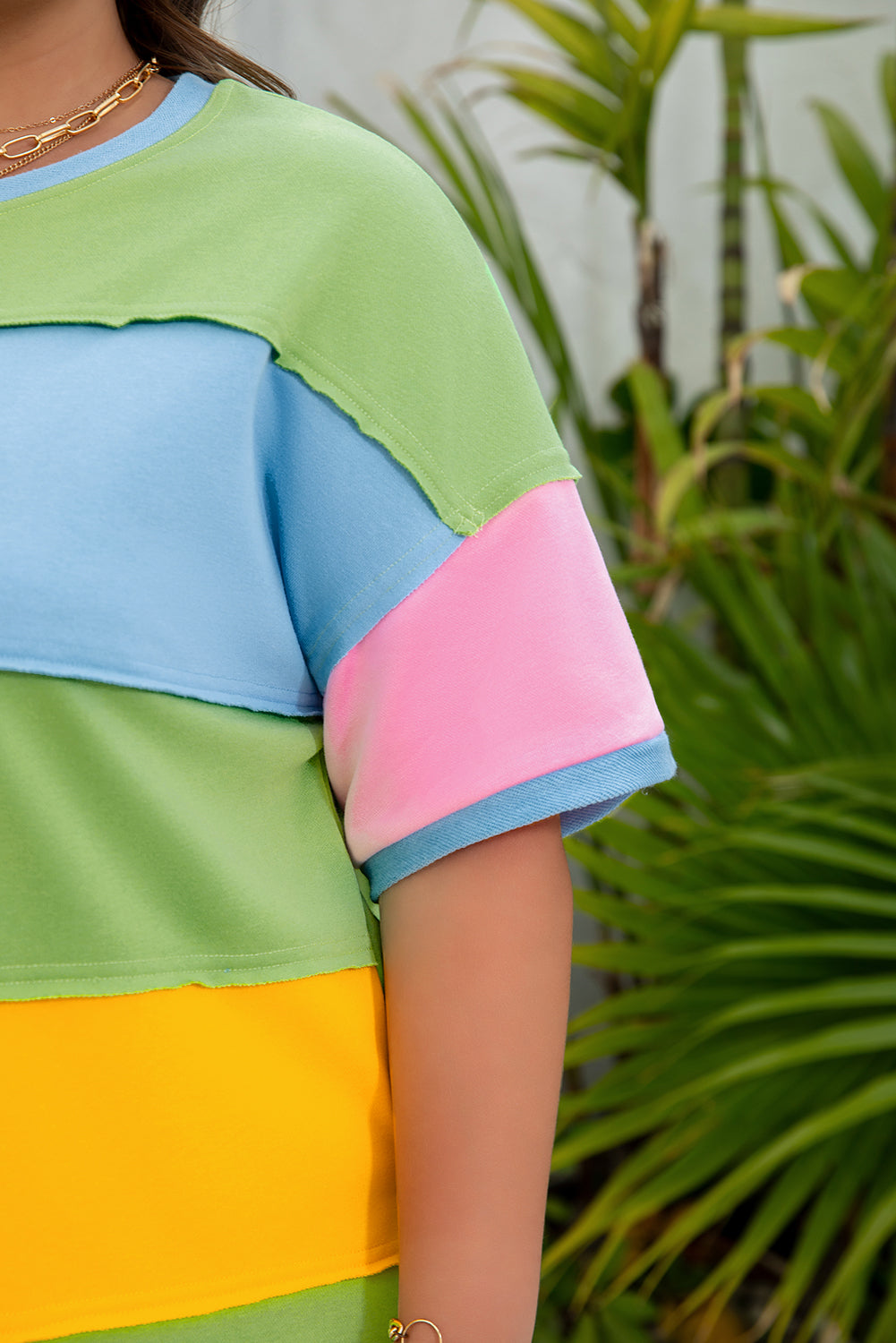 Blue Zone Planet | Light Blue Color Block Exposed Seam Patchwork Plus Size T Shirt-Plus Size/Plus Size Tops/Plus Size Tops & Tees-[Adult]-[Female]-2022 Online Blue Zone Planet