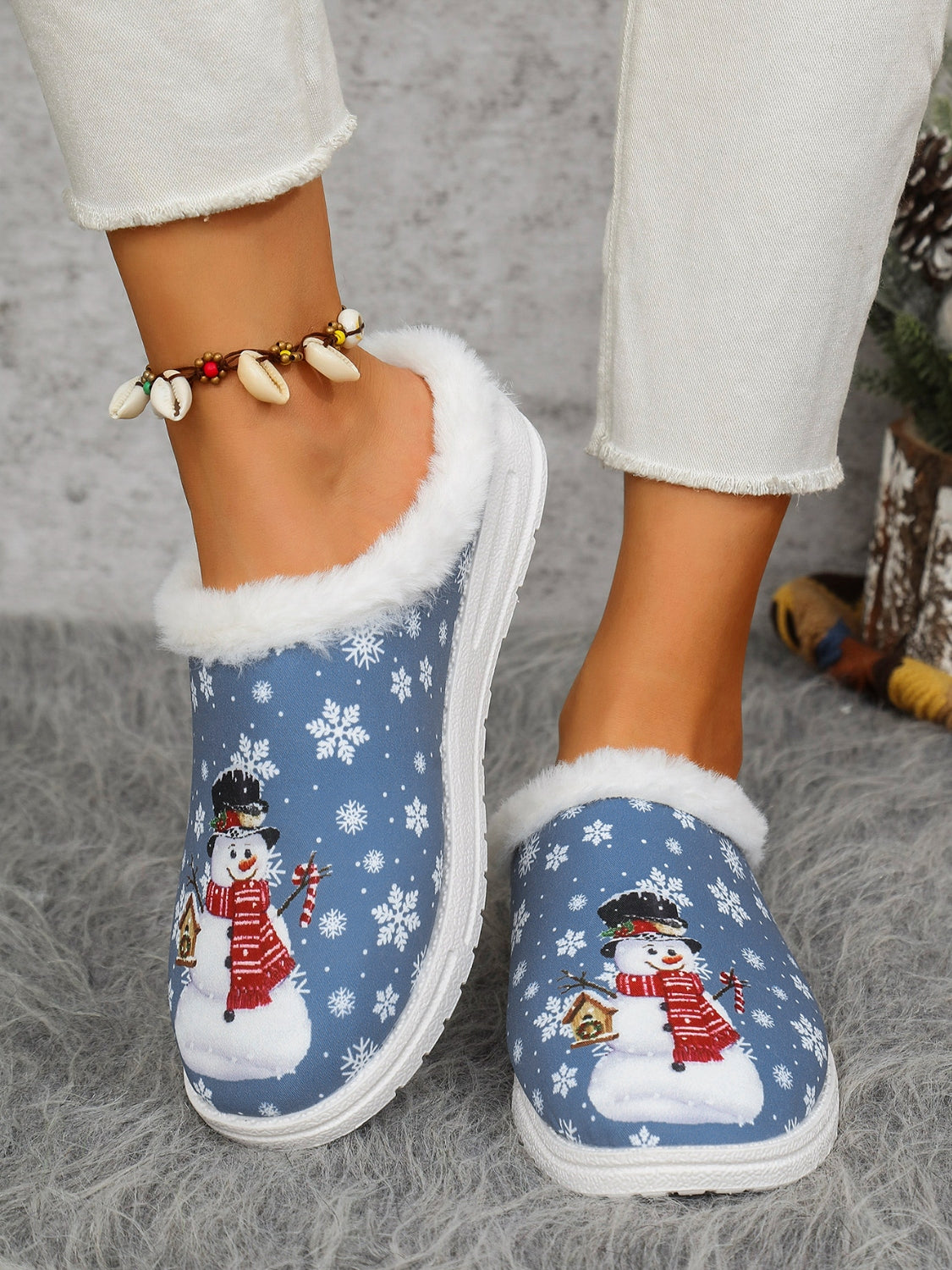 Snowman Print Flat Slippers with Faux Fur-SHOES-[Adult]-[Female]-Blue-36(US5)-2022 Online Blue Zone Planet