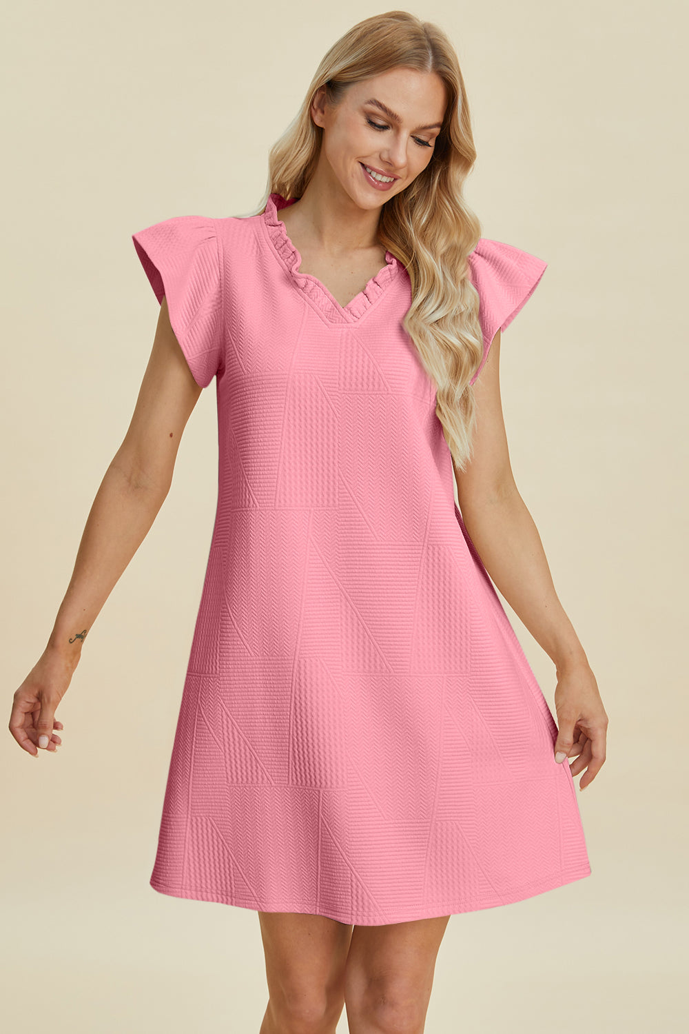 Double Take Full Size Ruffled V-Neck Cap Sleeve Dress-TOPS / DRESSES-[Adult]-[Female]-2022 Online Blue Zone Planet