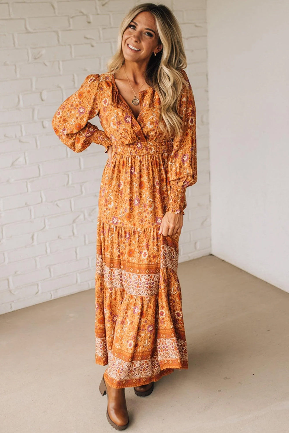Orange Floral Print Smocked Waist Long Sleeve Boho Maxi Dress-Dresses/Floral Dresses-[Adult]-[Female]-2022 Online Blue Zone Planet