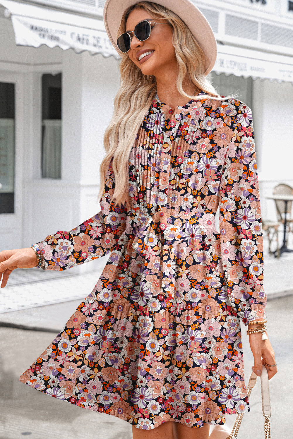 Multicolour Floral Print Long Sleeve Pleated Detail Bleted Mini Dress-TOPS / DRESSES-[Adult]-[Female]-2022 Online Blue Zone Planet