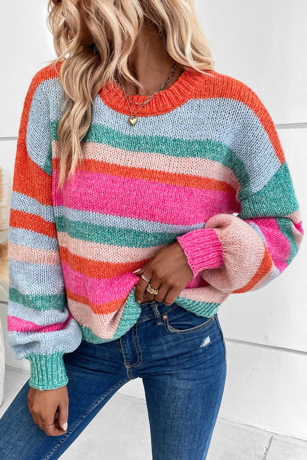Multicolor Striped Knit Drop Shoulder Puff Sleeve Sweater-TOPS / DRESSES-[Adult]-[Female]-2022 Online Blue Zone Planet