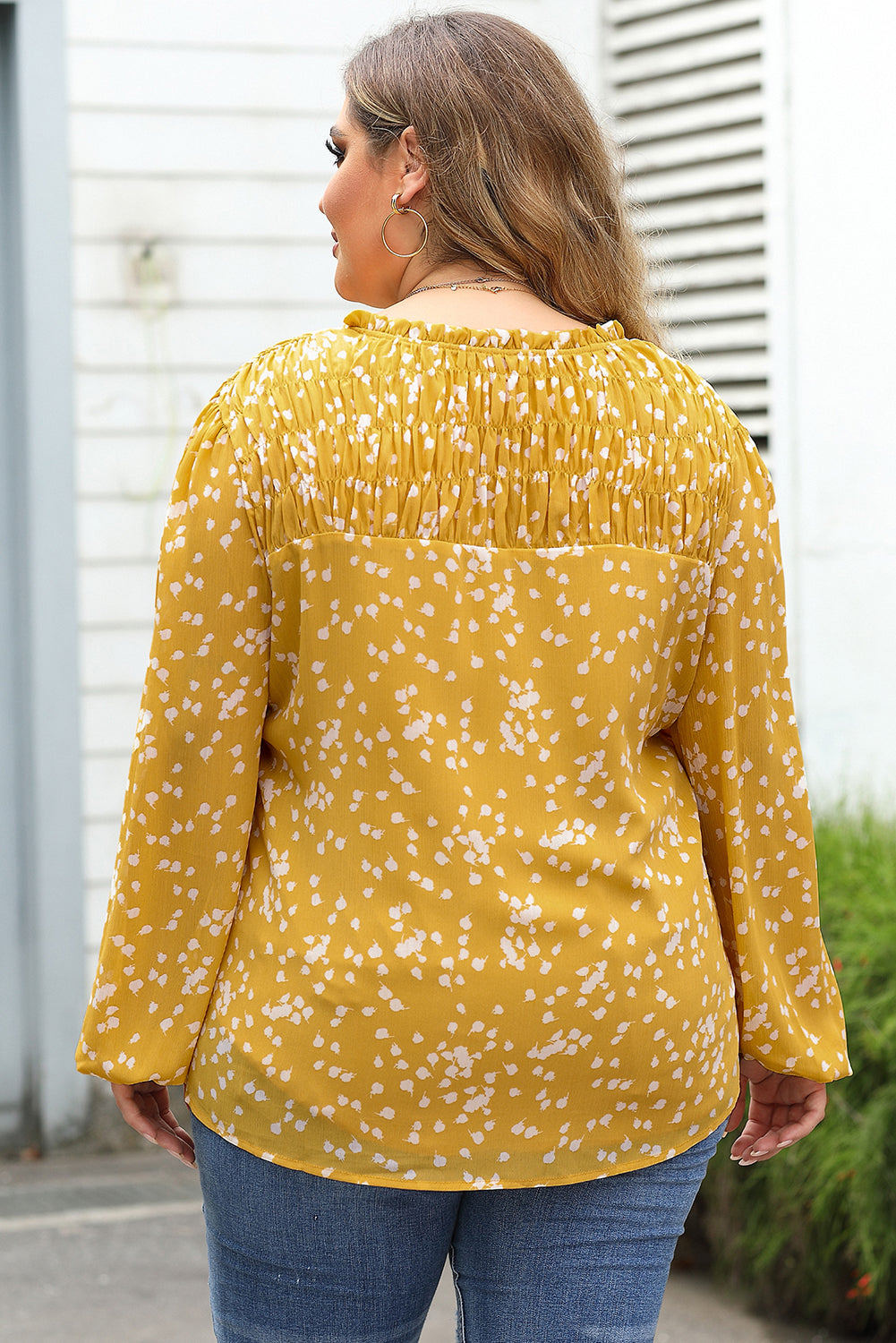 Yellow Plus Size Floral Print Ruched Split Neck Blouse-Sale (50% OFF)/30% OFF-[Adult]-[Female]-2022 Online Blue Zone Planet