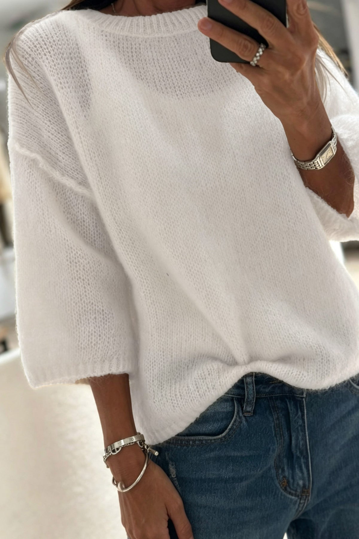 White Solid Color Knit Half Sleeve Round Neck Shift Sweater-TOPS / DRESSES-[Adult]-[Female]-White-S-2022 Online Blue Zone Planet