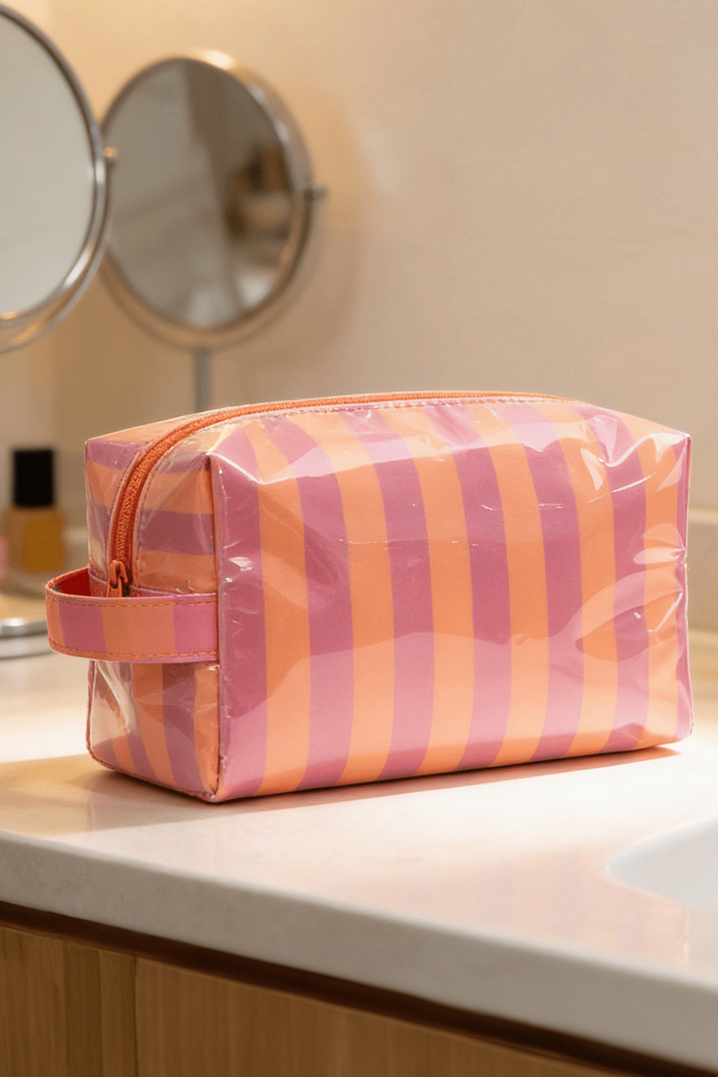 Light Pink PVC Striped Cosmetic Bag Durable Zipper Handle Travel Organizer