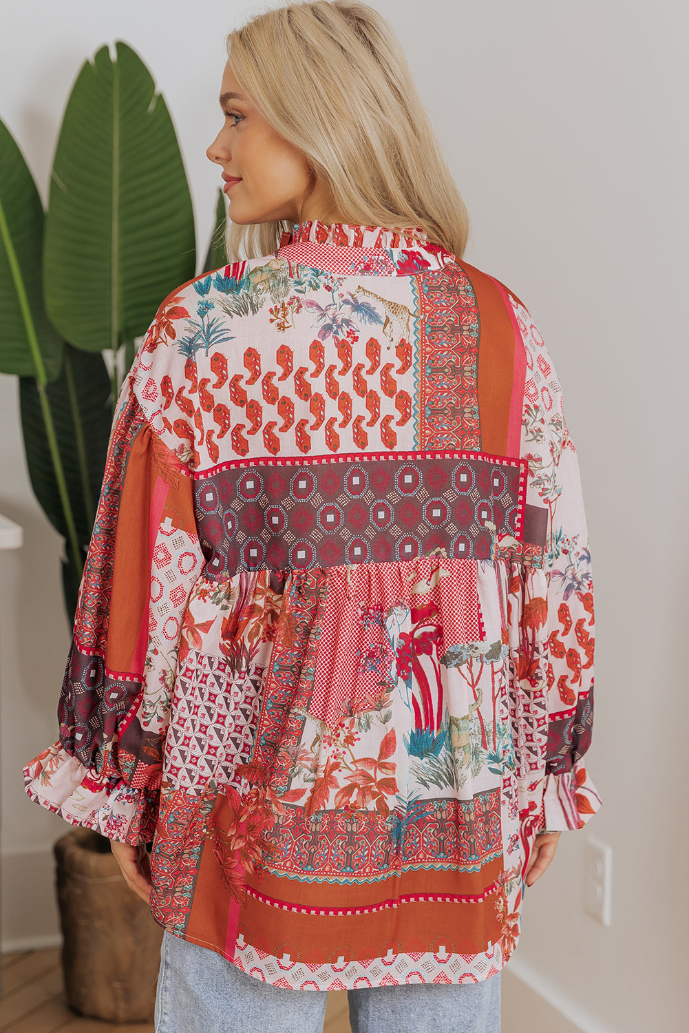 Blue Zone Planet | Red Boho Geometric Mixed Print Patchwork Bubble Sleeve Shirt-Tops/Blouses & Shirts-[Adult]-[Female]-2022 Online Blue Zone Planet