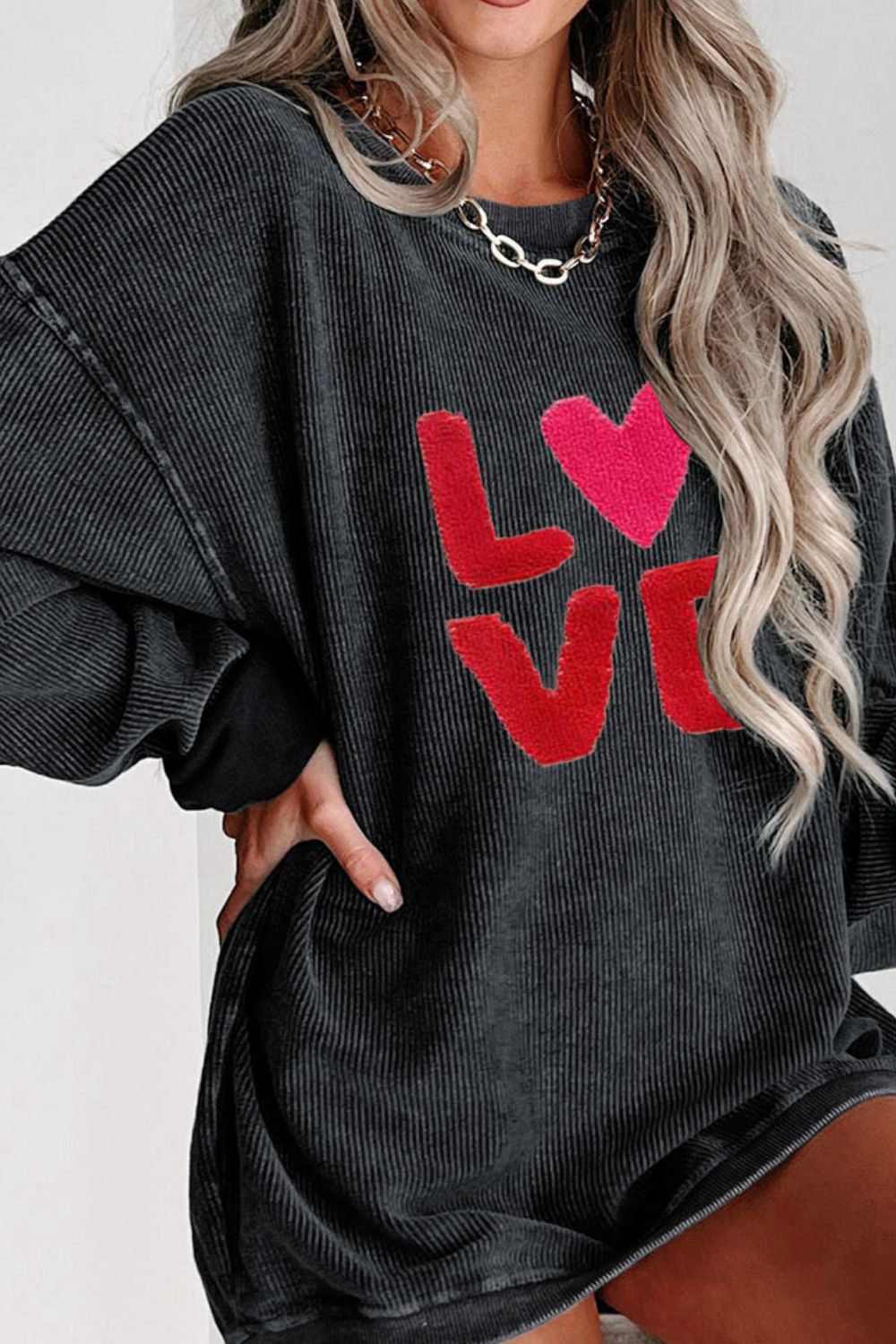 Blue Zone Planet | Valentine’s Day LOVE Round Neck Long Sleeve Sweatshirt-TOPS / DRESSES-[Adult]-[Female]-2022 Online Blue Zone Planet