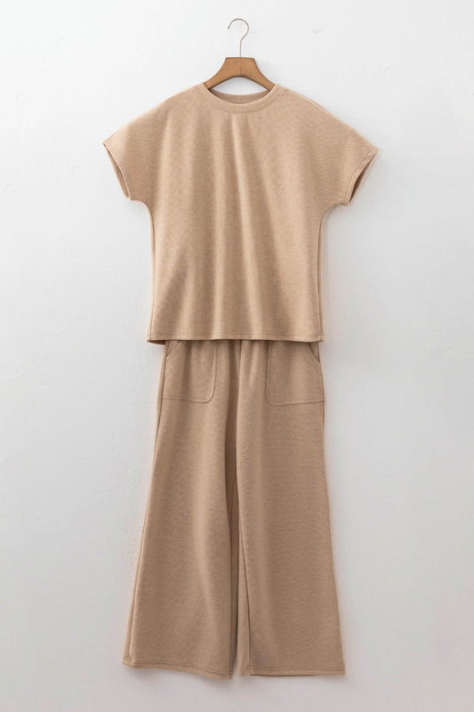 Light French Beige Solid Color Short Sleeve Top Casual Pants 2pcs Corduroy Set-Two Piece Sets/Pant Sets-[Adult]-[Female]-2022 Online Blue Zone Planet