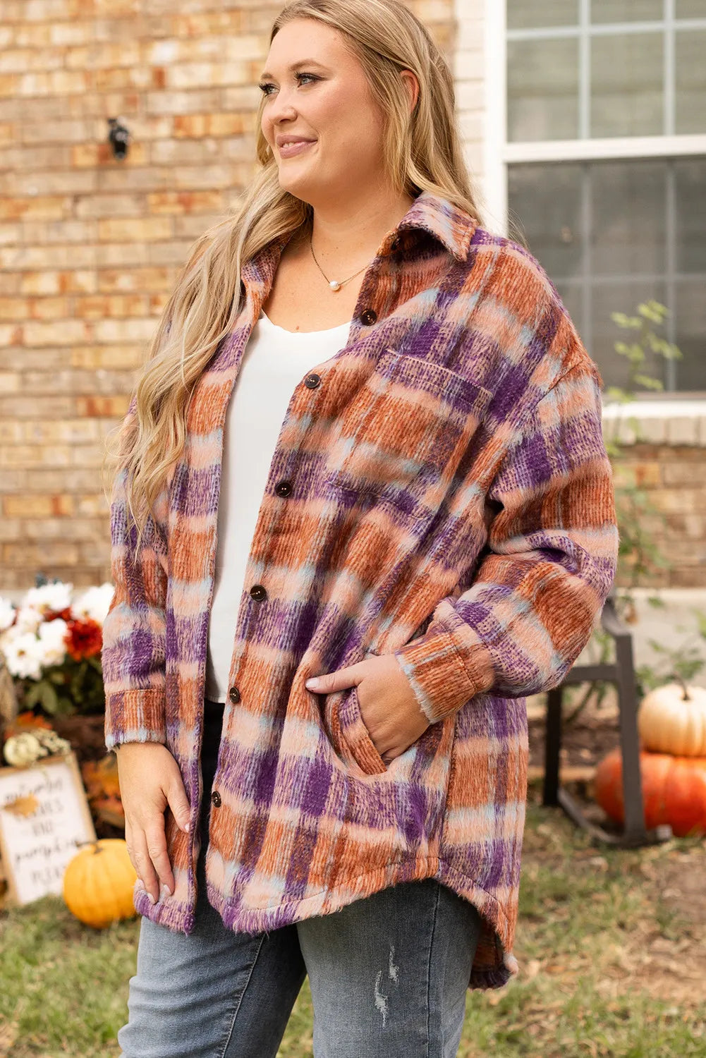 Plus Size Plaid Collared Neck Long Sleeve Jacket-TOPS / DRESSES-[Adult]-[Female]-2022 Online Blue Zone Planet