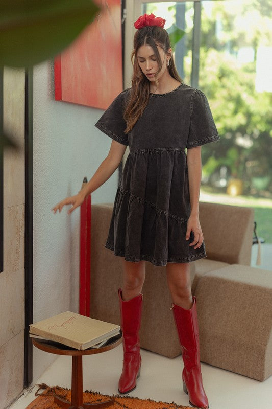 Annie Wear Mineral Washed Round Neck Short Sleeve Denim Dress-TOPS / DRESSES-[Adult]-[Female]-Black-S-2022 Online Blue Zone Planet