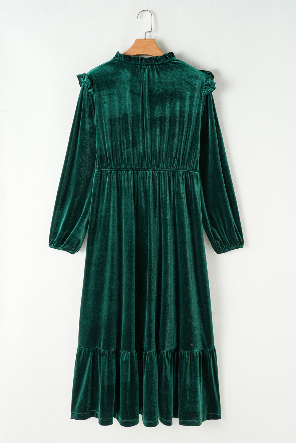 Blackish Green Velvet Frilled up Neck Ruffled High Waist Plus Size Midi Dress-Plus Size/Plus Size Dresses/Plus Size Maxi Dresses-[Adult]-[Female]-2022 Online Blue Zone Planet