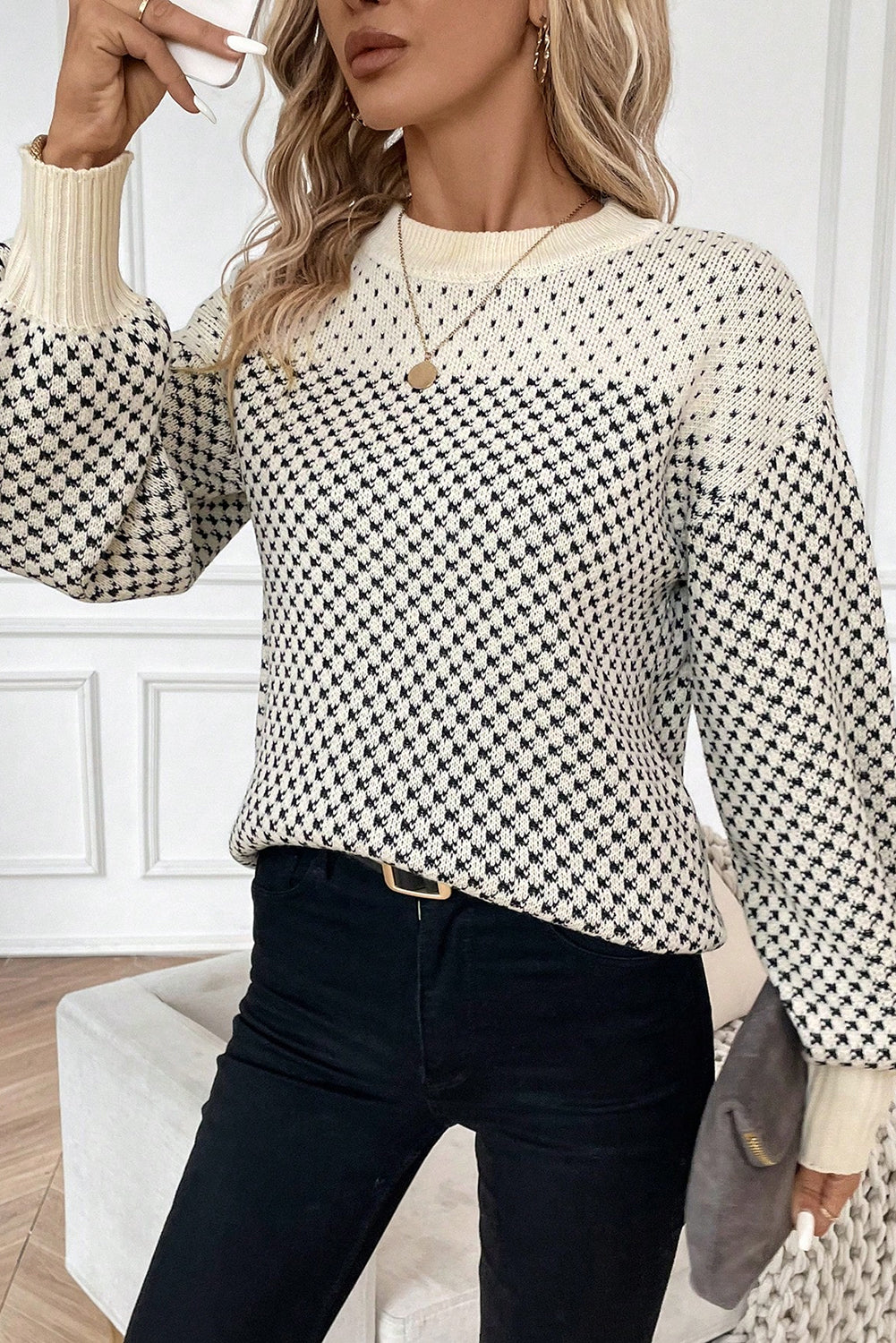 Black Contrast Color Pattern Lantern Sleeve Sweater-Sweaters & Cardigans/Sweaters-[Adult]-[Female]-2022 Online Blue Zone Planet