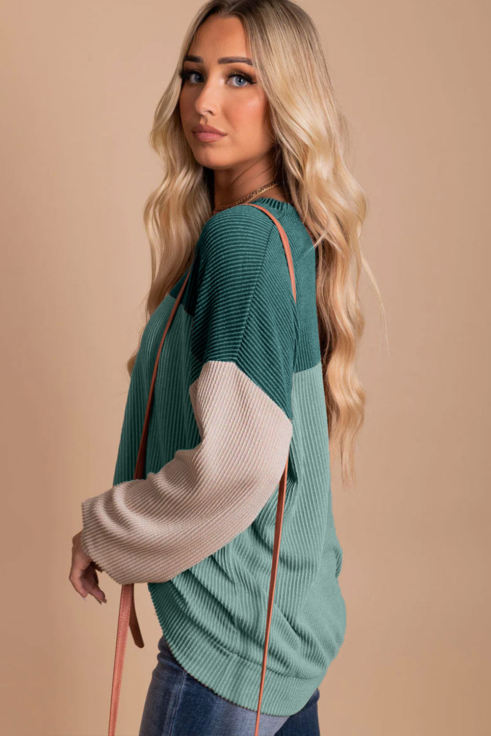 Green Color Block Long Sleeve Ribbed Loose Top-Sale (50% OFF)/30% OFF-[Adult]-[Female]-2022 Online Blue Zone Planet