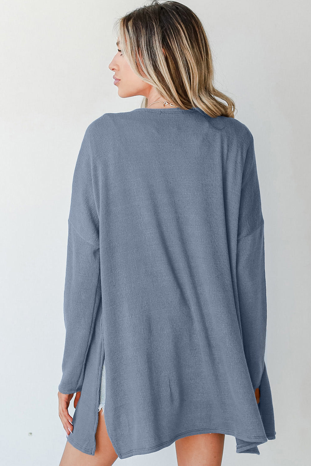 Ashleigh Blue Solid Color Rib Knit Open Front Tunic Cardigan-Sweaters & Cardigans/Cardigans-[Adult]-[Female]-2022 Online Blue Zone Planet