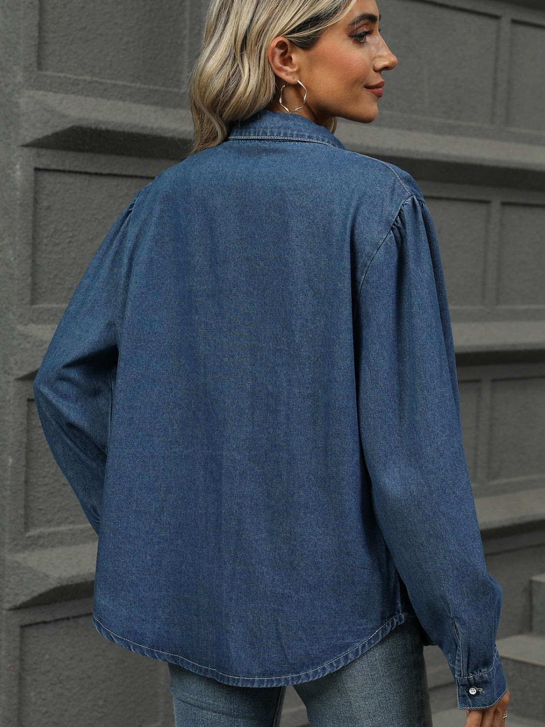 Button Down Collared Neck Long Sleeve Denim Top-TOPS / DRESSES-[Adult]-[Female]-2022 Online Blue Zone Planet