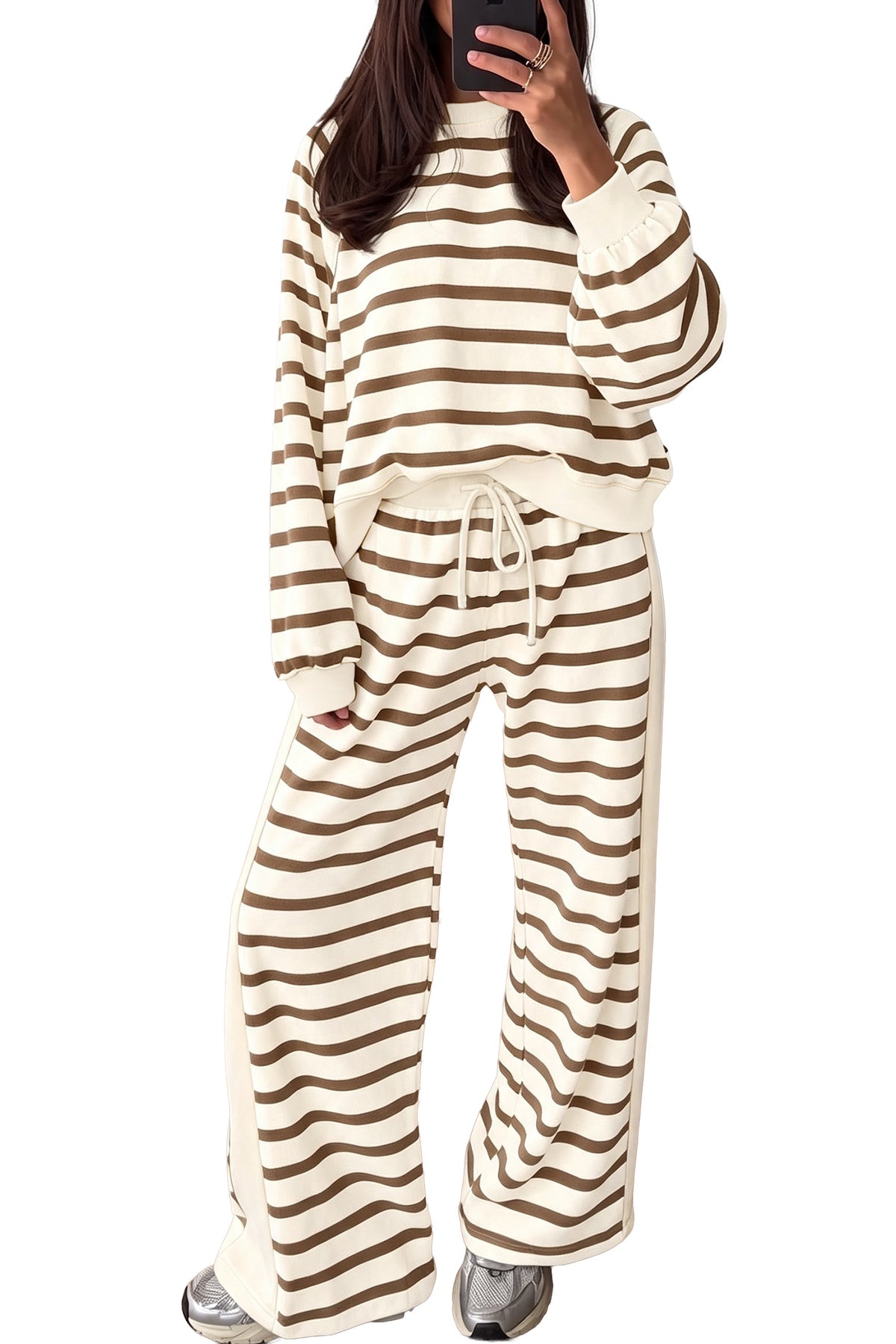 Khaki Stripe Relaxed Long Sleeve Top Color Block Detail Drawstring Pant Set-Two Piece Sets/Pant Sets-[Adult]-[Female]-2022 Online Blue Zone Planet